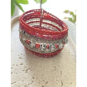 Red Beaded Memory Wire Bracelet Silver Tone Seed Bead Boho Wrap Cuff Bold Chunky